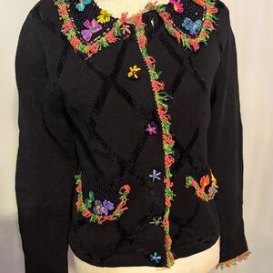 Vintage JACK B QUICK Embroidered Black Cardigan with Colorful Accents